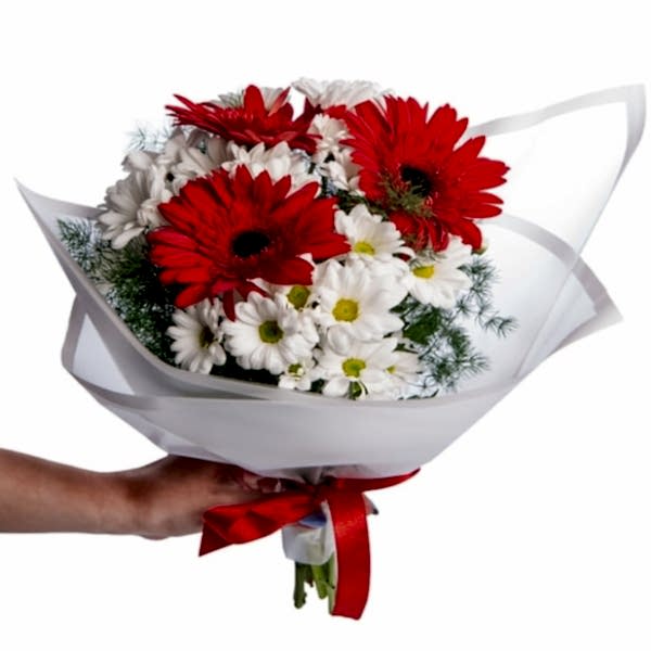 Marmaris Çiçek - Beyaz Papatya ve Kırmızı Gerbera Çiçek Buketi